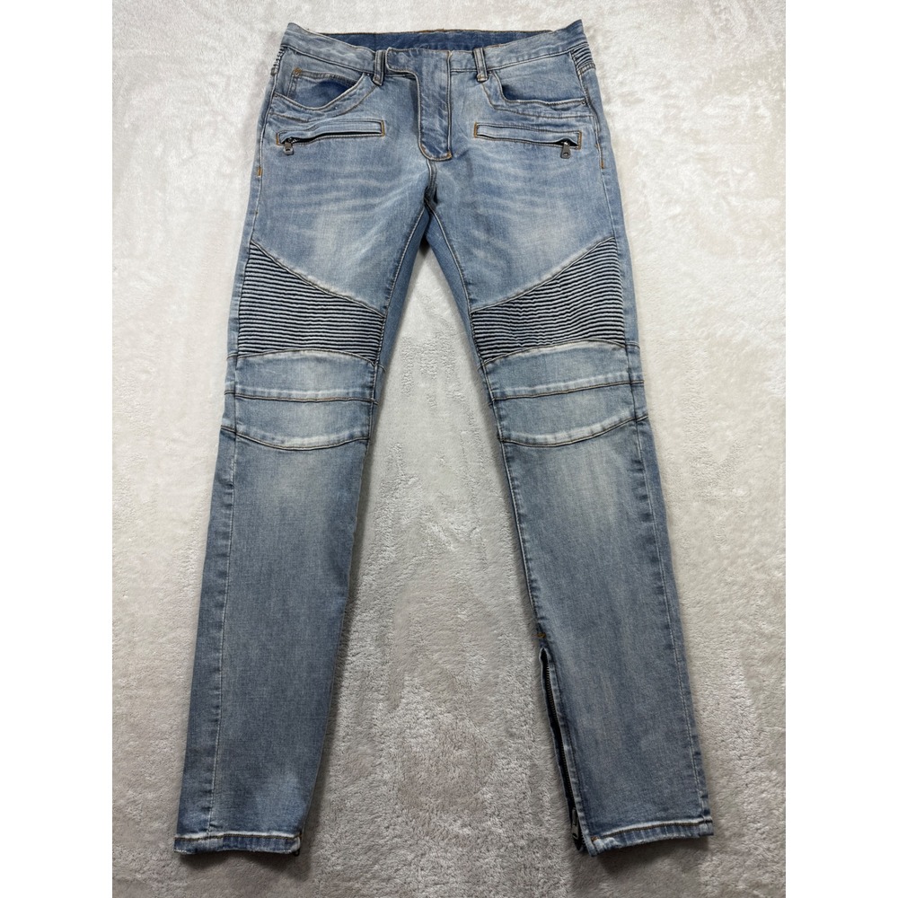MNML Mens Biker Moto Ribbed Ankle Zip Light Blue Jeans 32 Meas: 34x33.5